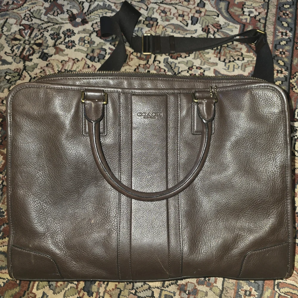 Coach Heritage Web Slim Briefcase #1171 Dark Brown Leather Briefcase